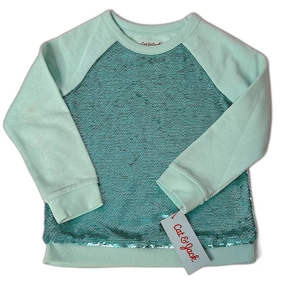 Cat & Jack Bleached Aqua Green Flip Sequin Girls Pullover Shirt XS (4/5) NEW! - Picture 1 of 4